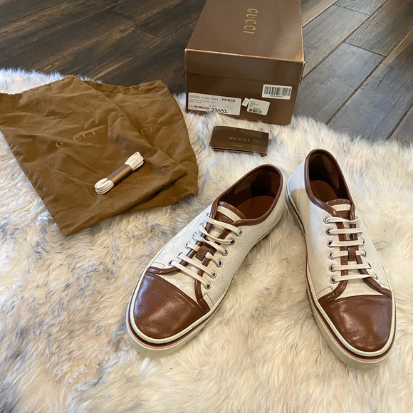 Gucci leather accented sneakers in cognac and cream. - Picture 2 of 6